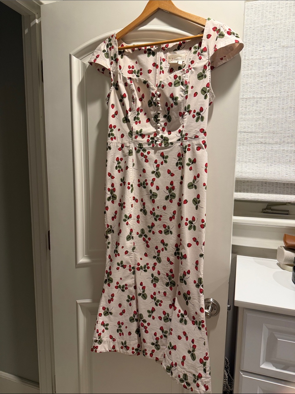 Anthropologie Cream Midi Dress with Strawberry Print